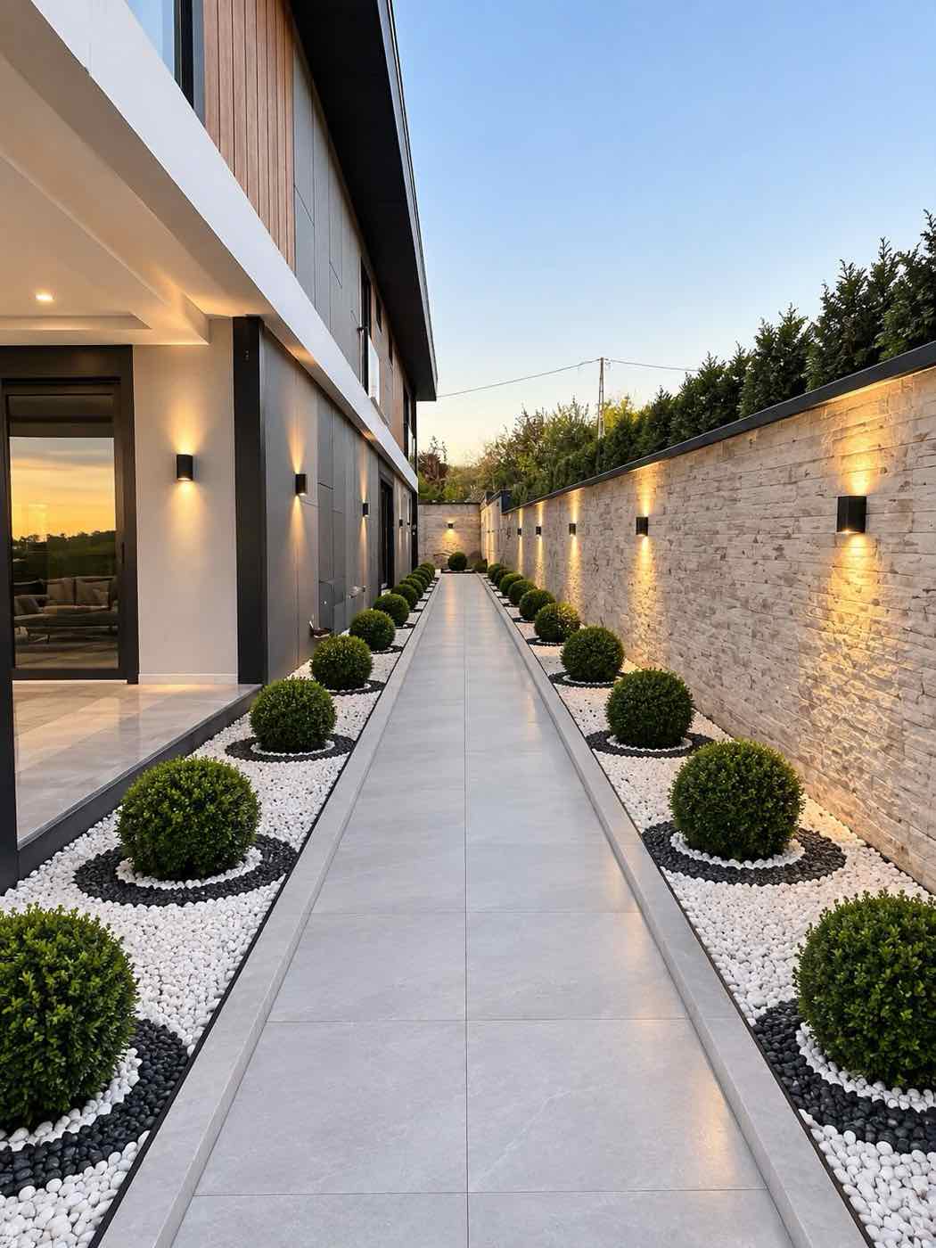 Top şimşir ve doğal taş ile villa giriş yolu düzenlemesi